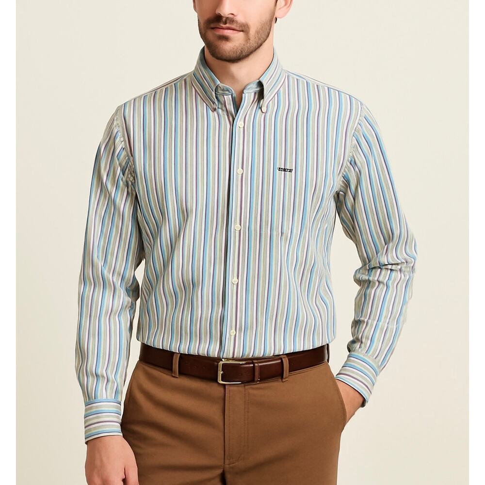 Façonnable Deauville Club Shirt Medium – Blue Multicolor Stripe 100% Cotton